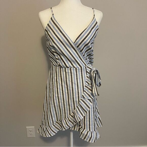 Altar'd State Blue Boho Striped Waist Tie Ruffle Wrap Mini Dress - Picture 2 of 4